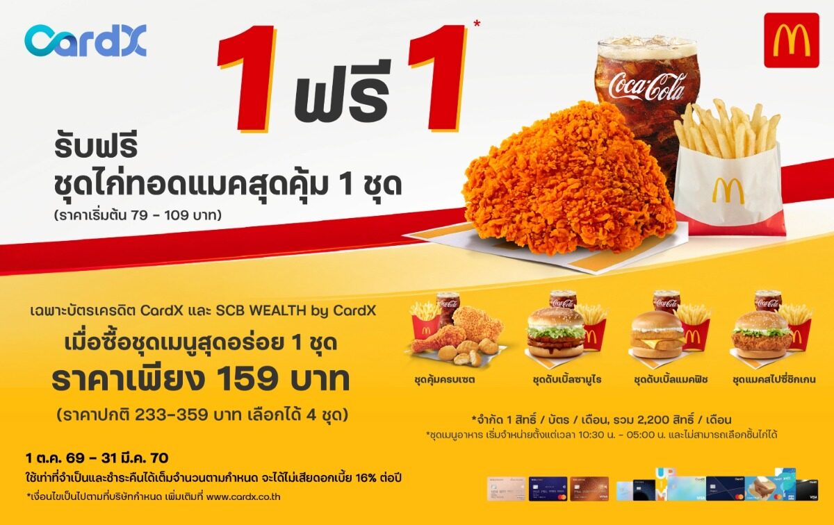 CardX จัด โปรโมชั่นร้านอาหาร McDonald's ซื้อ 1 ฟรี 1 เพียง 159 บาท